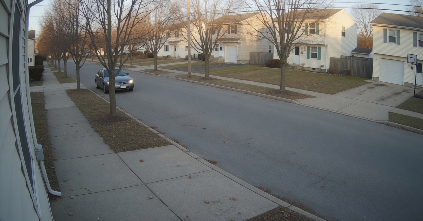 Staged demonstration camera. A gray sedan approaches on the same block.
