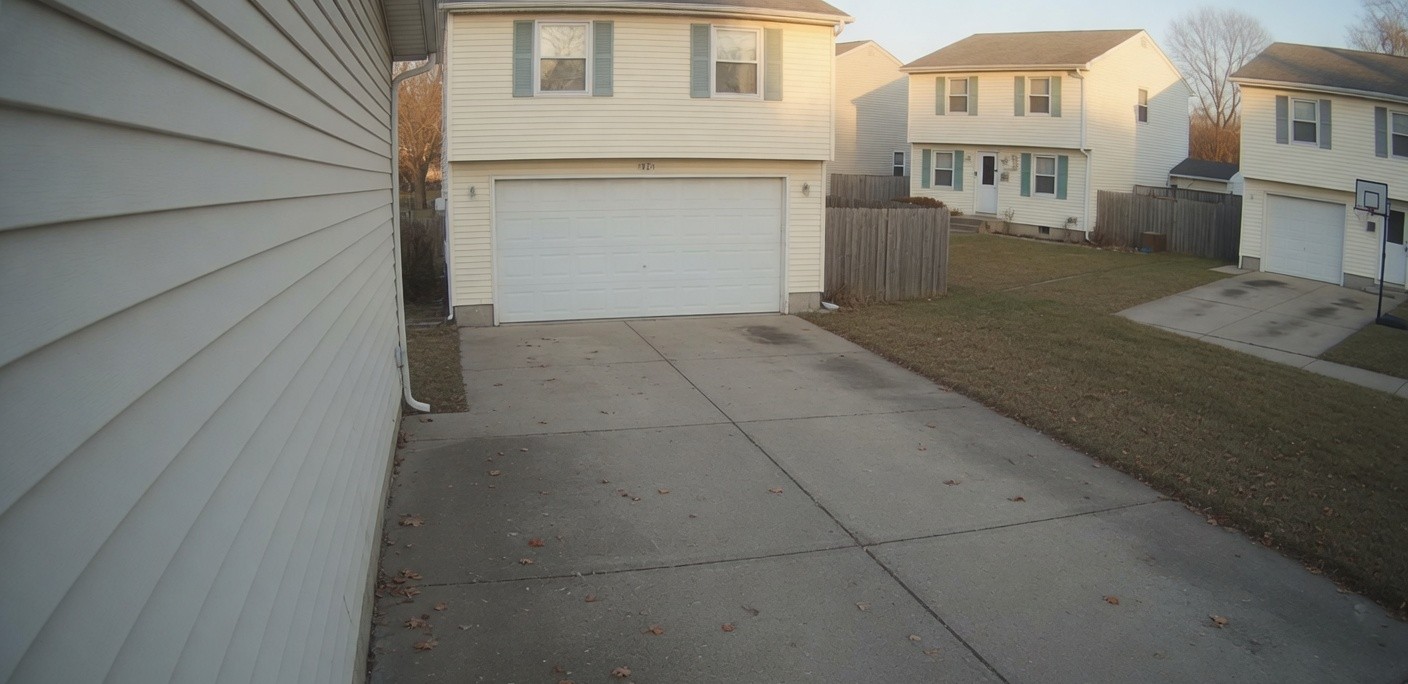 Driveway camera. The concrete drive and garage are empty.