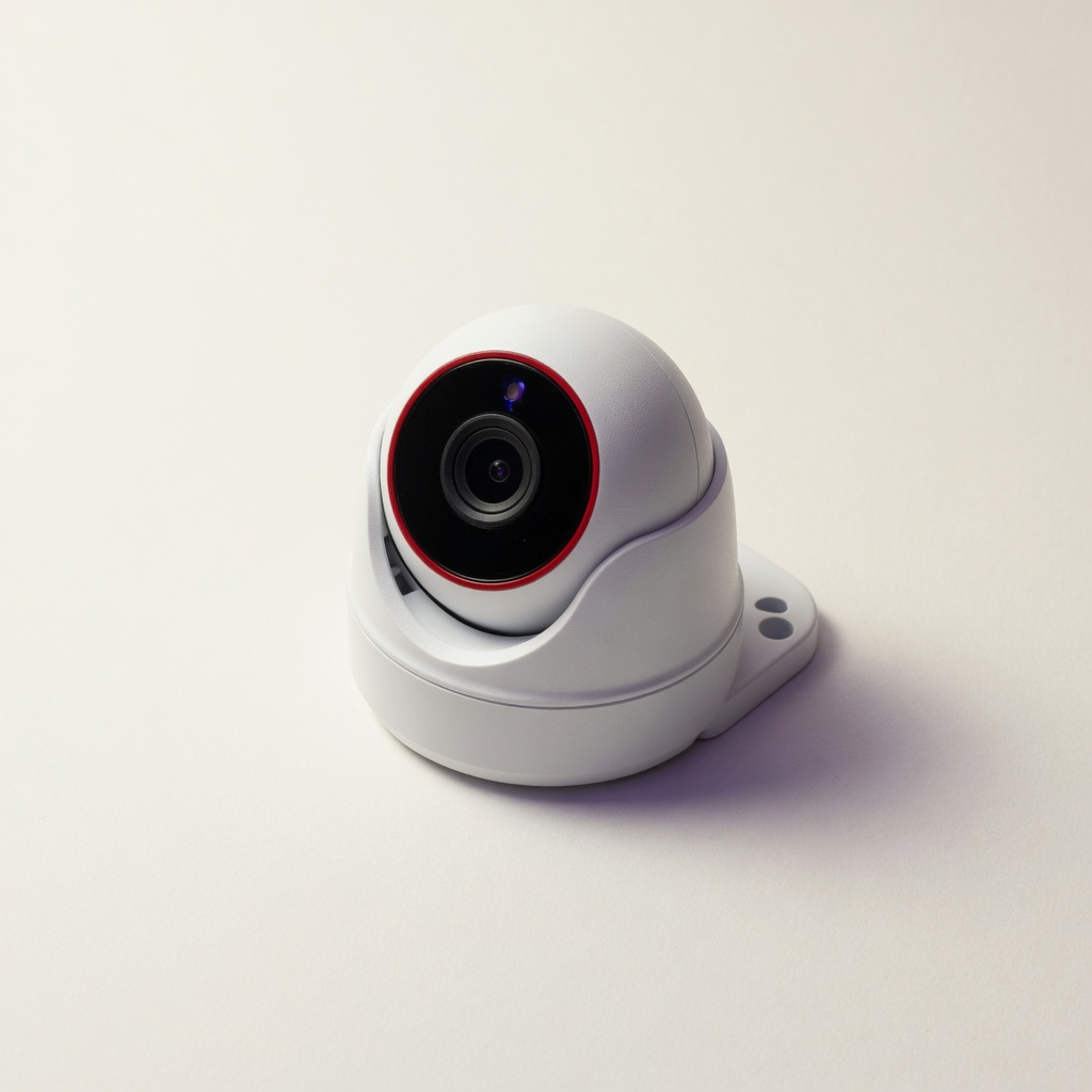 KIRK exterior camera. White housing, black lens, thin red ring.