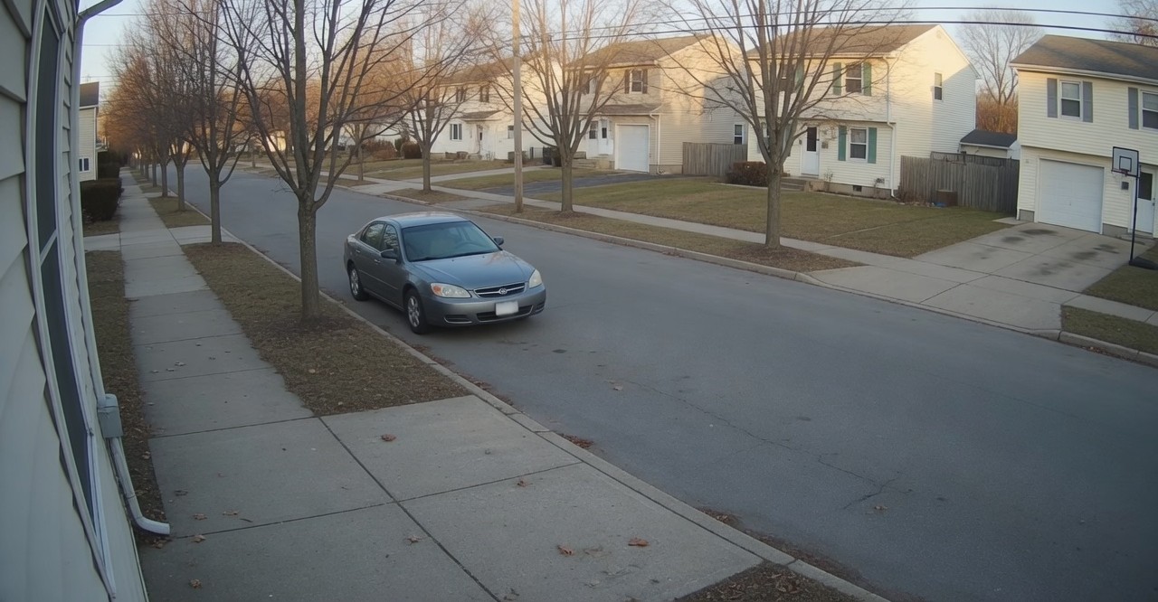 Maple street camera. A gray sedan is parked at the curb.